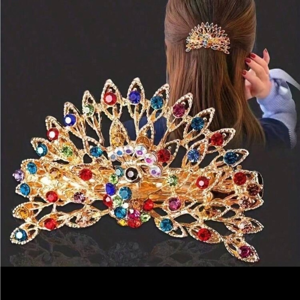 Elegant Gold Multicolor Peacock Hair Clip nwt